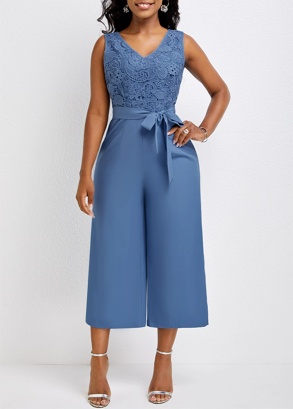 Dusty Blue Bowknot Capri Short Sleeve Jumpsuit 3 Dusty Blue Bowknot Capri Short Sleeve Jumpsuit - Image 3