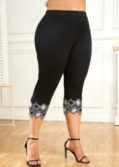 Black Patchwork Plus Size Skinny Elastic Waist Pants -Elegance Swimwear Store 334260 P 16880196904332