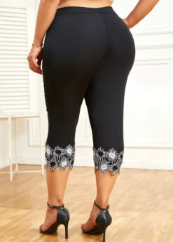 Black Patchwork Plus Size Skinny Elastic Waist Pants