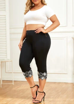 Black Patchwork Plus Size Skinny Elastic Waist Pants -Elegance Swimwear Store 334260 P 16880196908843