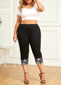 Black Patchwork Plus Size Skinny Elastic Waist Pants -Elegance Swimwear Store 334260 P 16880196909994