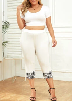 White Patchwork Plus Size Skinny Elastic Waist Pants -Elegance Swimwear Store 334263 P 16880197686194