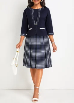 Patchwork Navy Striped Dress And Cardigan