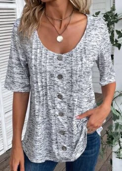 Plus Size Grey Button Half Sleeve T Shirt