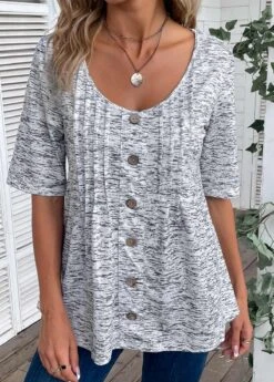 Plus Size Grey Button Half Sleeve T Shirt -Elegance Swimwear Store 334513 P 16869216737892