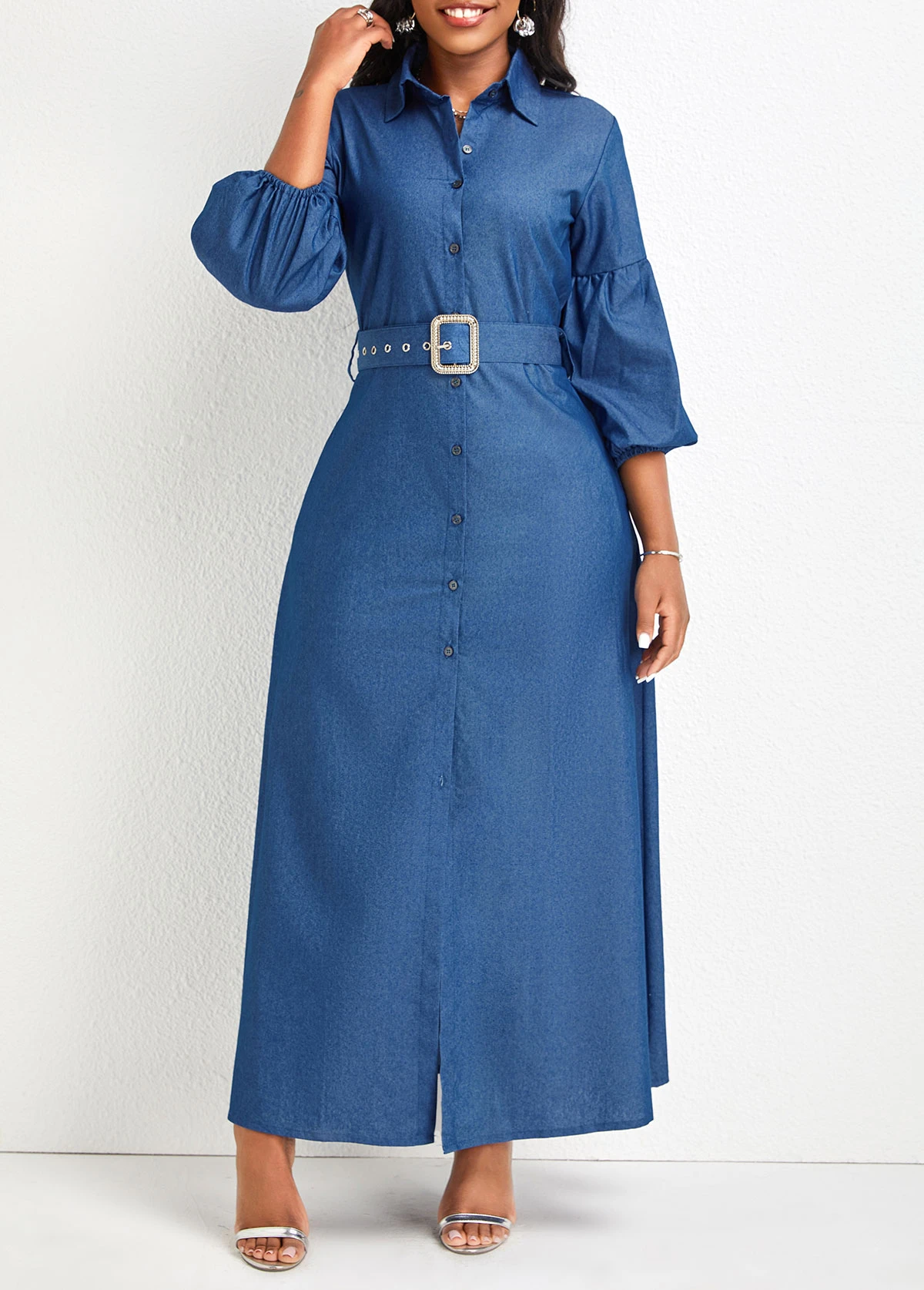 Denim Blue Button Belted Maxi Dress 3 Denim Blue Button Belted Maxi Dress - Image 3