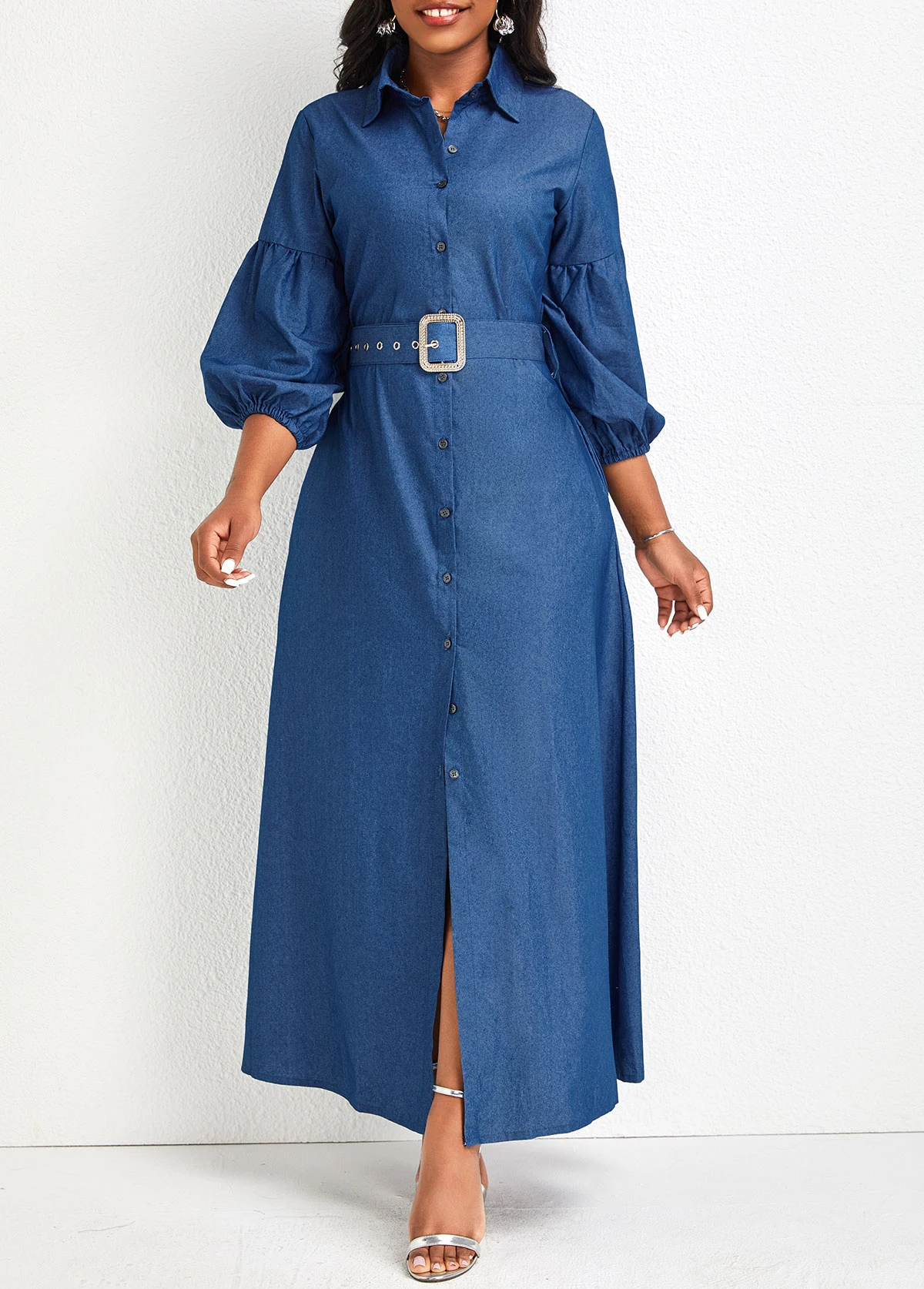 Denim Blue Button Belted Maxi Dress 4 Denim Blue Button Belted Maxi Dress - Image 4