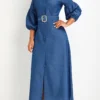 Denim Blue Button Belted Maxi Dress