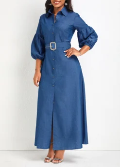 Denim Blue Button Belted Maxi Dress
