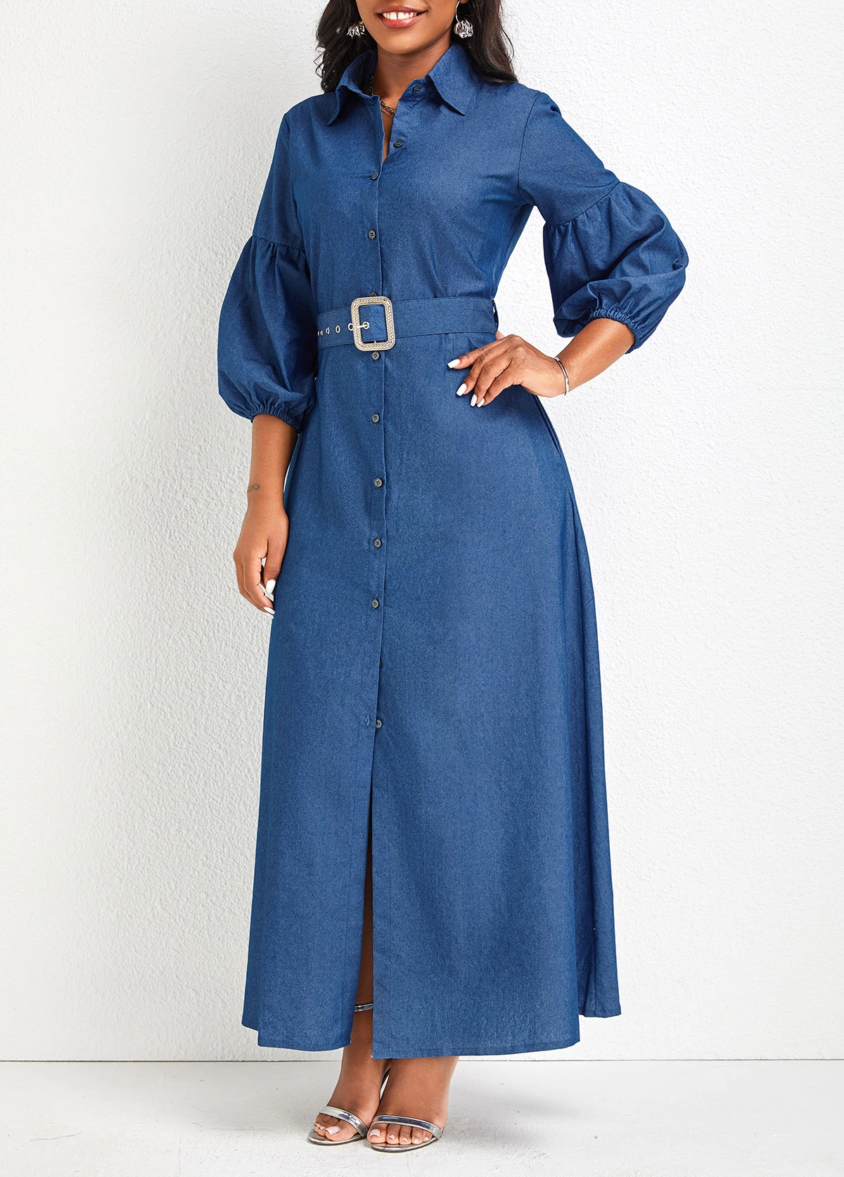 Denim Blue Button Belted Maxi Dress 1 Denim Blue Button Belted Maxi Dress