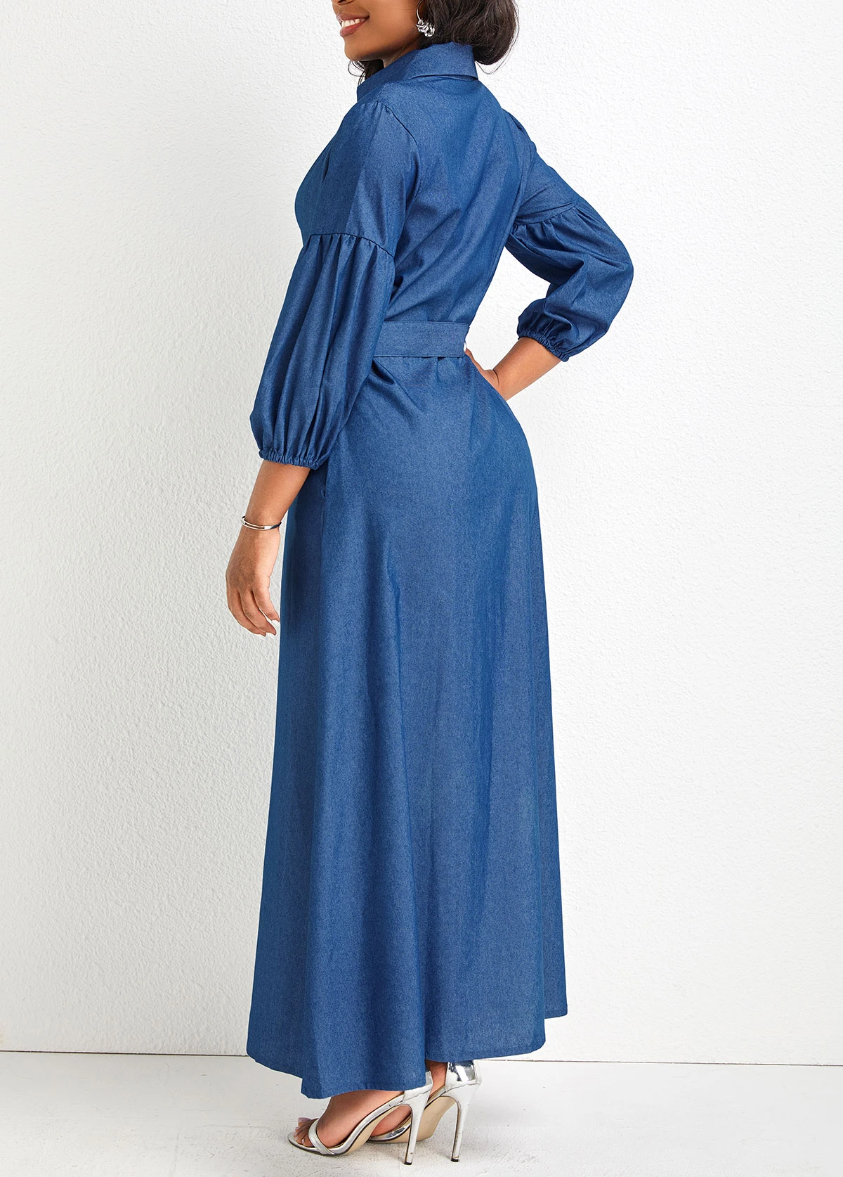 Denim Blue Button Belted Maxi Dress 2 Denim Blue Button Belted Maxi Dress - Image 2