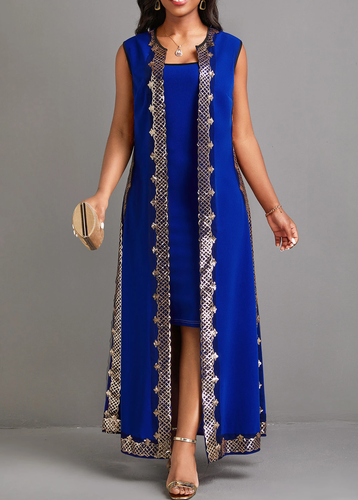 Blue Sequin Two Piece Suit Sleeveless Maxi Dress 1 Blue Sequin Two Piece Suit Sleeveless Maxi Dress