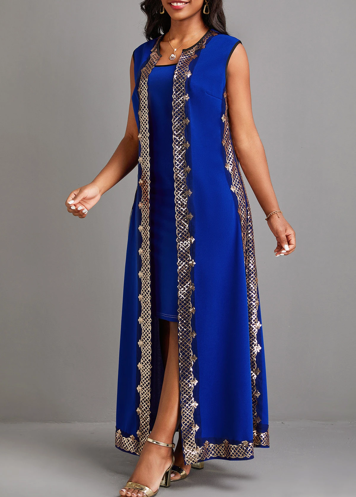 Blue Sequin Two Piece Suit Sleeveless Maxi Dress 3 Blue Sequin Two Piece Suit Sleeveless Maxi Dress - Image 3
