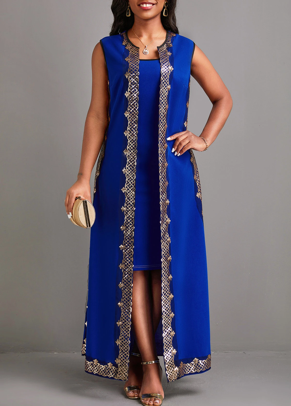 Blue Sequin Two Piece Suit Sleeveless Maxi Dress 4 Blue Sequin Two Piece Suit Sleeveless Maxi Dress - Image 4