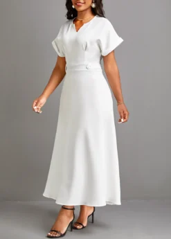 White Pocket Short Sleeve Split Neck Maxi Dress -Elegance Swimwear Store 334731 P 16855884493653