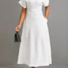 White Pocket Short Sleeve Split Neck Maxi Dress