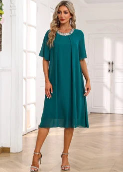 Round Neck Turquoise Mesh Shift Dress