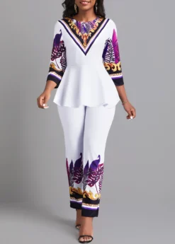 White Ruffle Leaf Print Top And Pants