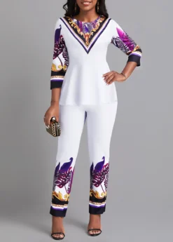 White Ruffle Leaf Print Top And Pants -Elegance Swimwear Store 334773 P 16861267073723