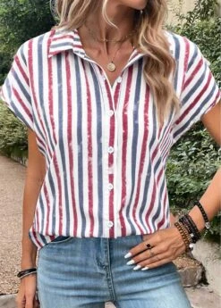 Plus Size Multi Color Button Striped Blouse -Elegance Swimwear Store 334875 P 1685079158421