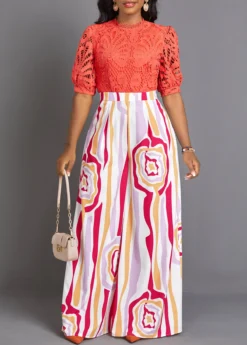 Orange Lace Tribal Print Long Half Sleeve Jumpsuit