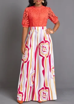 Orange Lace Tribal Print Long Half Sleeve Jumpsuit -Elegance Swimwear Store 335120 P 16890743708343