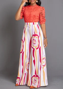 Orange Lace Tribal Print Long Half Sleeve Jumpsuit -Elegance Swimwear Store 335120 P 16890743708782