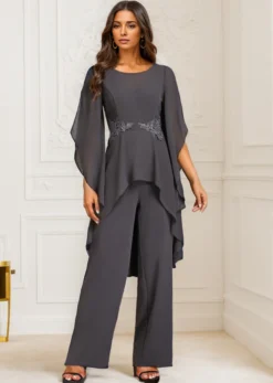 Grey Ruffle Long Round Neck Jumpsuit -Elegance Swimwear Store 335146 P 16950113865296