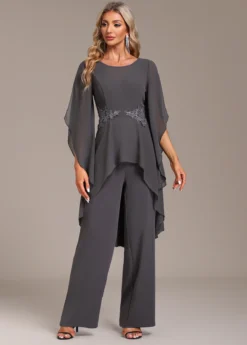Grey Ruffle Long Round Neck Jumpsuit -Elegance Swimwear Store 335146 P 16950113865394