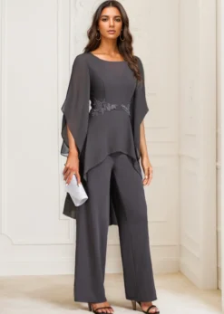 Grey Ruffle Long Round Neck Jumpsuit -Elegance Swimwear Store 335146 P 16950113868005