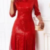 Red Sequin Three Quarter Length Sleeve Dress