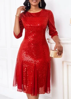 Red Sequin Three Quarter Length Sleeve Dress