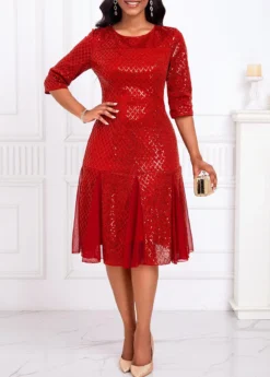 Red Sequin Three Quarter Length Sleeve Dress -Elegance Swimwear Store 335178 P 16940845181414
