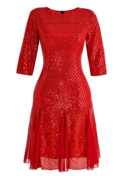 Red Sequin Three Quarter Length Sleeve Dress -Elegance Swimwear Store 335178 P 16940845183725