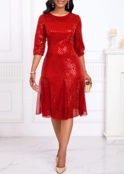 Red Sequin Three Quarter Length Sleeve Dress -Elegance Swimwear Store 335178 P 16940845188213