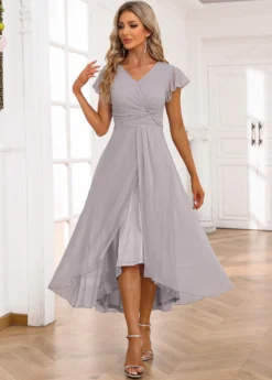 Light Grey Twist Short Sleeve V Neck Dress -Elegance Swimwear Store 335407 P 16878652103572