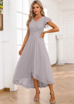 Light Grey Twist Short Sleeve V Neck Dress -Elegance Swimwear Store 335407 P 16878652108523
