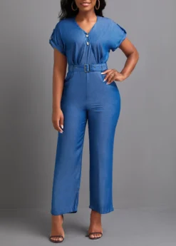 Denim Blue Pocket Ankle Length Belted Jumpsuit -Elegance Swimwear Store 335414 P 16878645500772