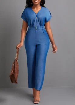 Denim Blue Pocket Ankle Length Belted Jumpsuit -Elegance Swimwear Store 335414 P 16878645507543