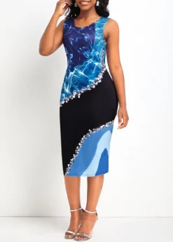 Multi Color Wave Pattern Print Sleeveless Bodycon Dress -Elegance Swimwear Store 335655 P 16877608235532