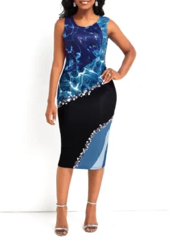Multi Color Wave Pattern Print Sleeveless Bodycon Dress -Elegance Swimwear Store 335655 P 16877608236593