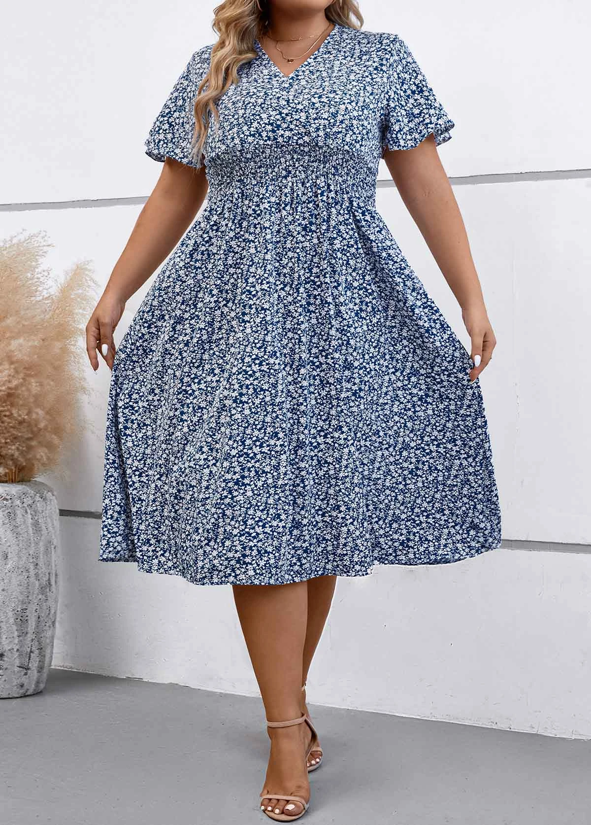 Dusty Blue Smocked Plus Size Dress 5 Dusty Blue Smocked Plus Size Dress - Image 5