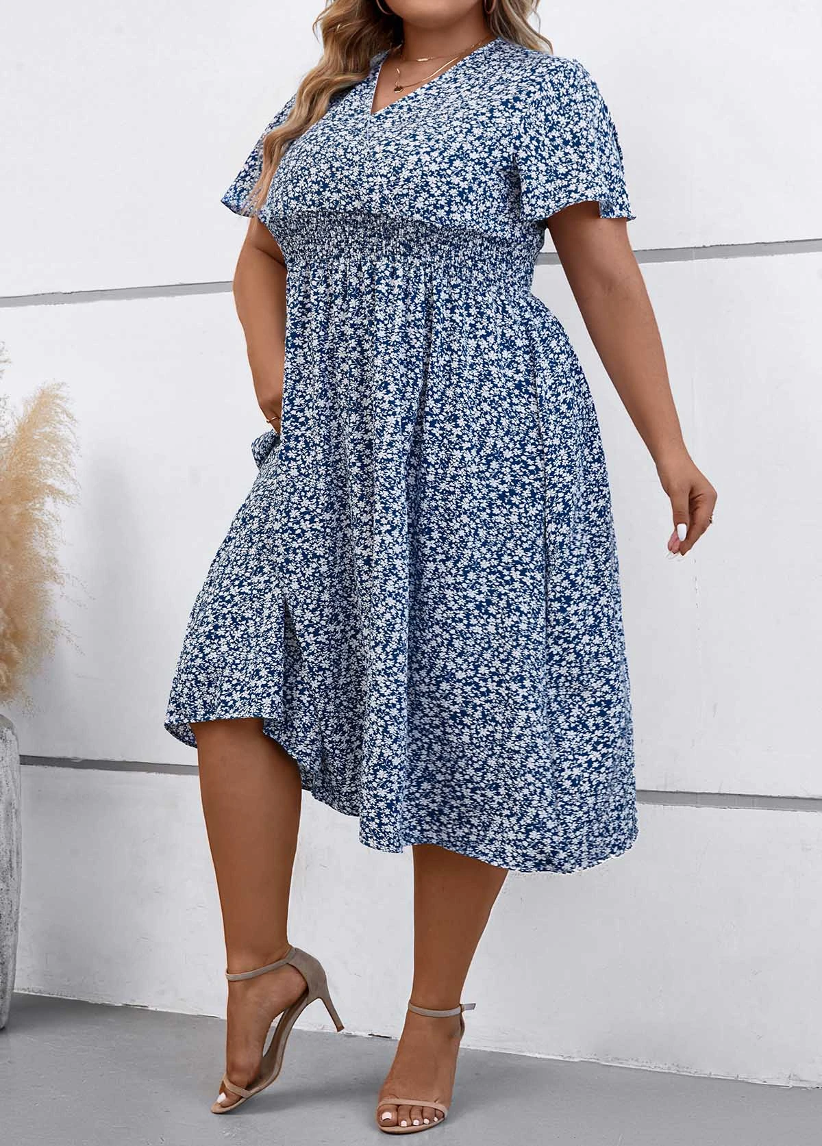 Dusty Blue Smocked Plus Size Dress 4 Dusty Blue Smocked Plus Size Dress - Image 4