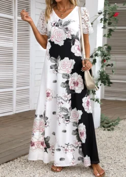 White Lace Floral Print Short Sleeve Maxi Dress -Elegance Swimwear Store 335675 P 16881048484203