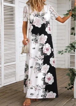 White Lace Floral Print Short Sleeve Maxi Dress -Elegance Swimwear Store 335675 P 16881048485315
