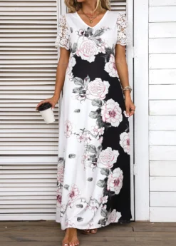 White Lace Floral Print Short Sleeve Maxi Dress -Elegance Swimwear Store 335675 P 16881048488814