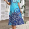 Cyan Split Tribal Print Shift Dress