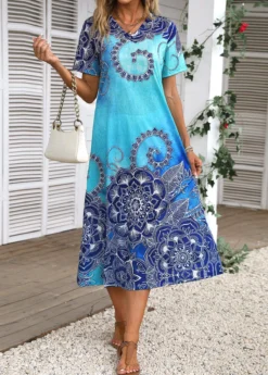 Cyan Split Tribal Print Shift Dress
