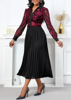 Black Pleated Long Sleeve V Neck Dress -Elegance Swimwear Store 335776 P 16983157463852