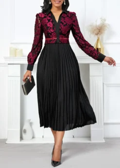 Black Pleated Long Sleeve V Neck Dress